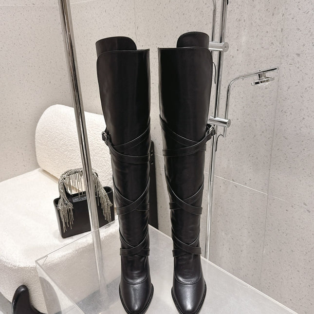 YSL 26S JANIS KNEE-HIGH BOOTS 90 MM IN BLACK SUEDE