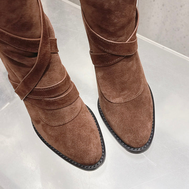 YSL 26S JANIS KNEE-HIGH BOOTS 90 MM IN BROWN SUEDE