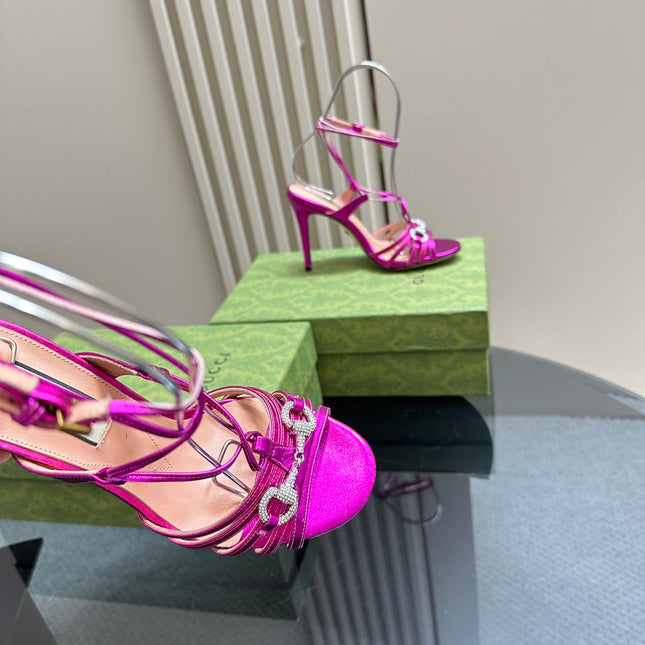 CRYSTAL HORSEBIT STRAPPY SANDAL 10.5CM IN HOT PINK PATENT LEATHER