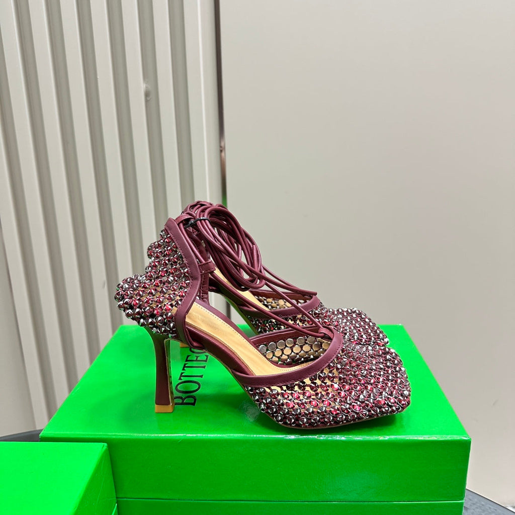 STRETCH HIGH HEELS 9 CM IN SANGRIA RED METALLIZE MESH AND LEATHER WITH CRYSTAL