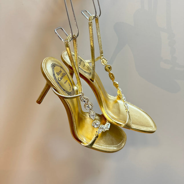 HIGH HEEL 80 MM IN GOLD CALFSKIN WITH RHINESTONES
