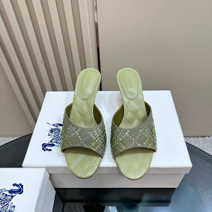 BURBERRY 26S HIGH-HEELED SANDALS 70 MM IN LIGHT GREEN CALFSKIN AND SUEDE