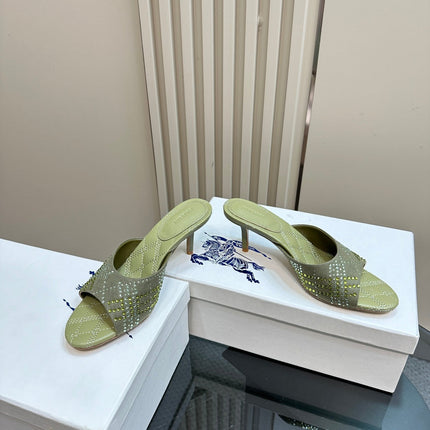 BURBERRY 26S HIGH-HEELED SANDALS 70 MM IN LIGHT GREEN CALFSKIN AND SUEDE