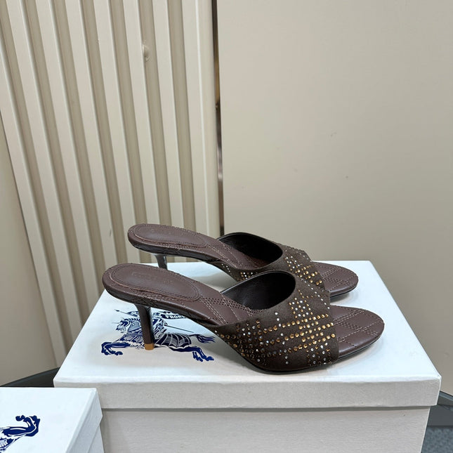 BURBERRY 26S HIGH-HEELED SANDALS 70 MM IN DARK BROWN CALFSKIN AND SUEDE