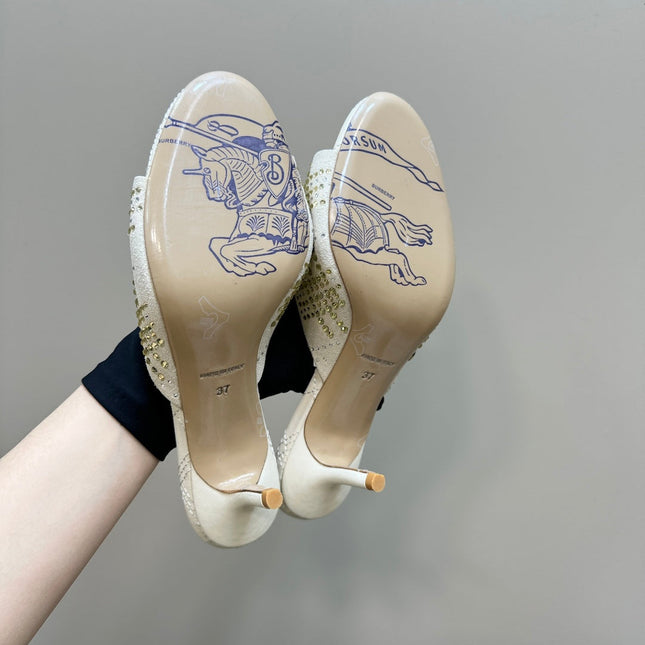 BURBERRY 26S HIGH-HEELED SANDALS 70 MM IN CREAM WHITE CALFSKIN AND SUEDE