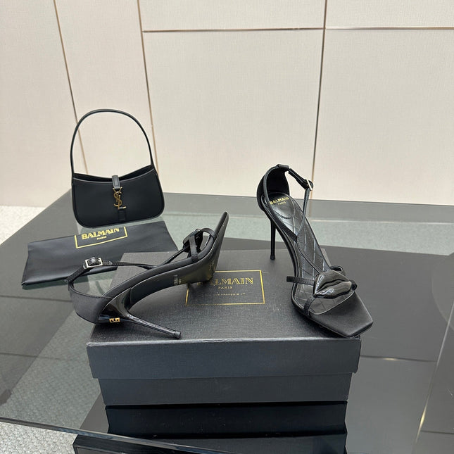 BALMAIN 25S LIPS SANDALS 10 IN BLACK SATIN