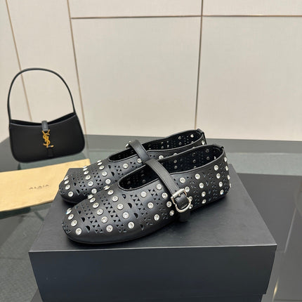 ALAIA BALLET SHOES 25S IN BLACK LAMBSKIN WITH CRYSTAL DETAILING