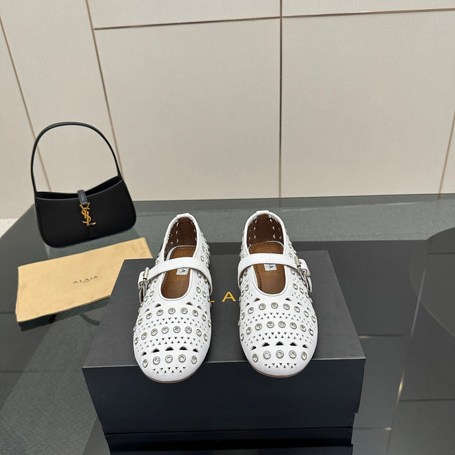 ALAIA BALLET SHOES 25S IN WHITE LAMBSKIN WITH CRYSTAL DETAILING