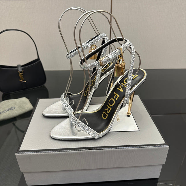 TOM FORD 26S HEELED SANDALS 100 MM IN SILVER CALFSKIN