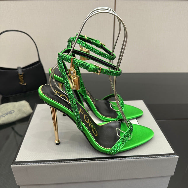 TOM FORD 26S HEELED SANDALS 100 MM IN GREEN CALFSKIN