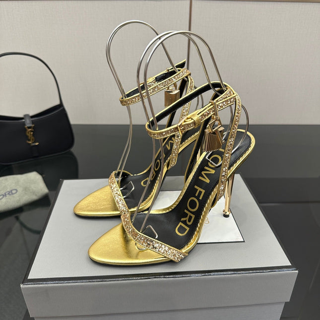 TOM FORD 26S HEELED SANDALS 100 MM IN METALLIC GOLD CALFSKIN