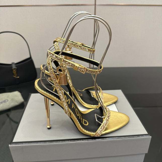 TOM FORD 26S HEELED SANDALS 100 MM IN METALLIC GOLD CALFSKIN