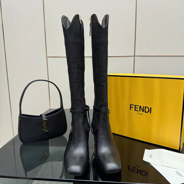 FENDI 25S KNEE-HIGH BOOTS 50 MM IN BLACK CALFSKIN AND FABRIC PRINT LOGO