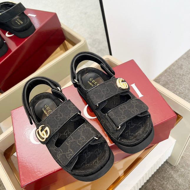 VELCRO STRAP SANDALS IN BLACK MONOGRAM CANVAS GOLD HARDWARE