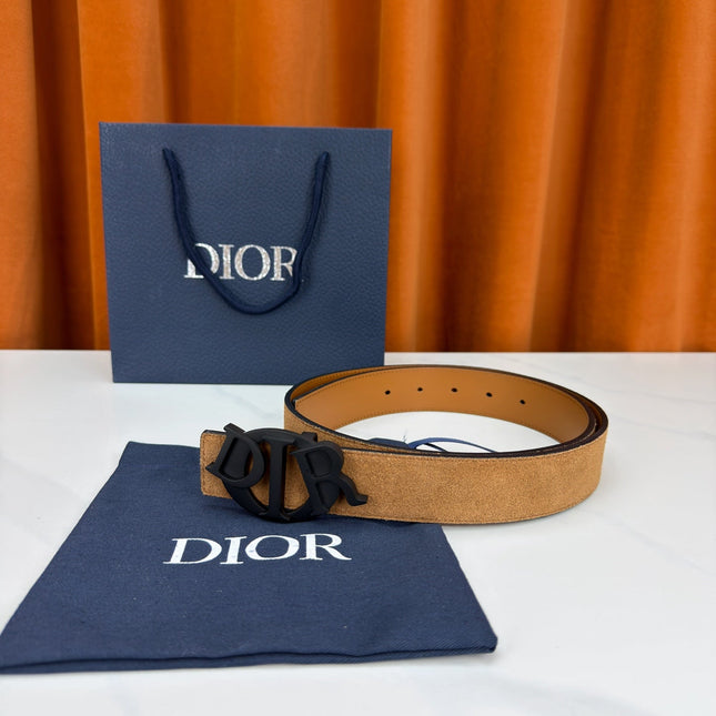 DIOR 26S CD LOGO BELT IN BROWN SUEDE CALFSKIN BLACK HARDWARE 633688