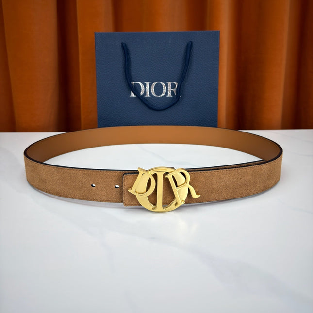 DIOR 26S CD LOGO BELT IN BROWN SUEDE CALFSKIN GOLD HARDWARE