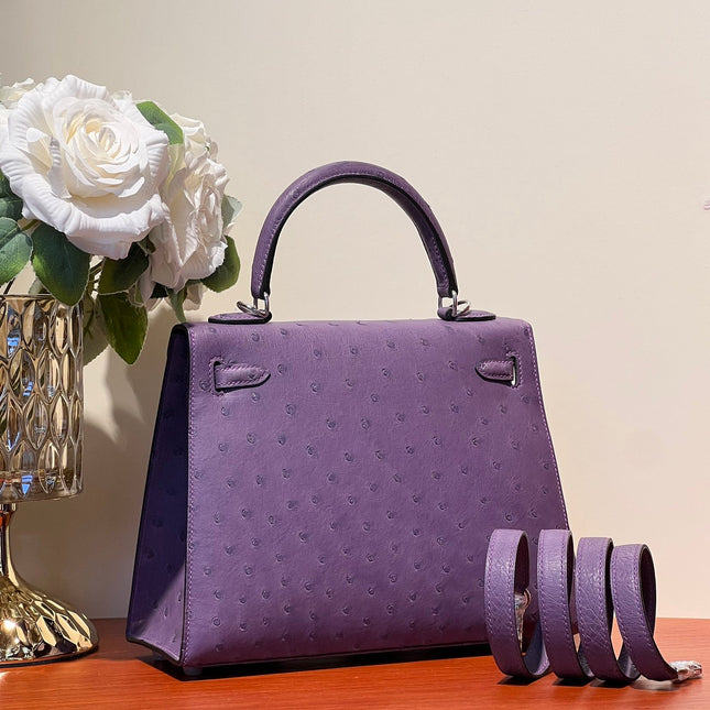 KELLY SELLIER 25 BAG IN ROYAL PURPLE OSTRICH LEATHER WITH SILVER HARDWARE