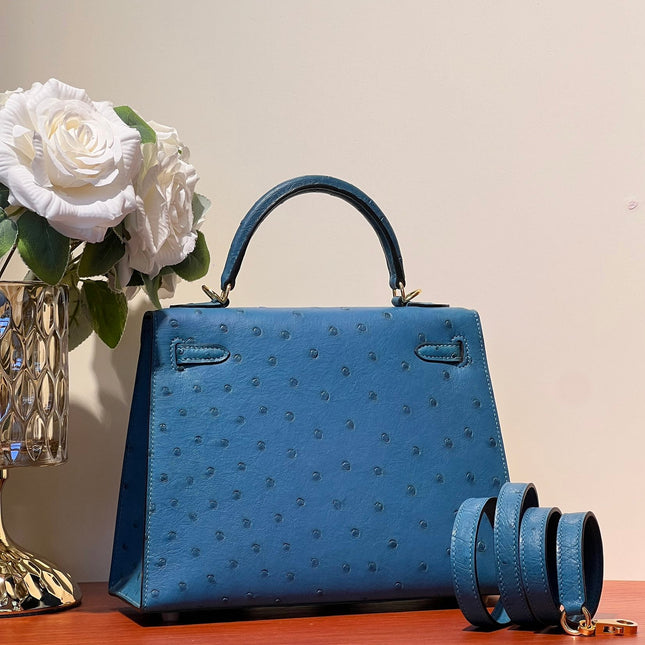 KELLY  SELLIER 25 BAG IN ROYAL BLUE OSTRICH LEATHER