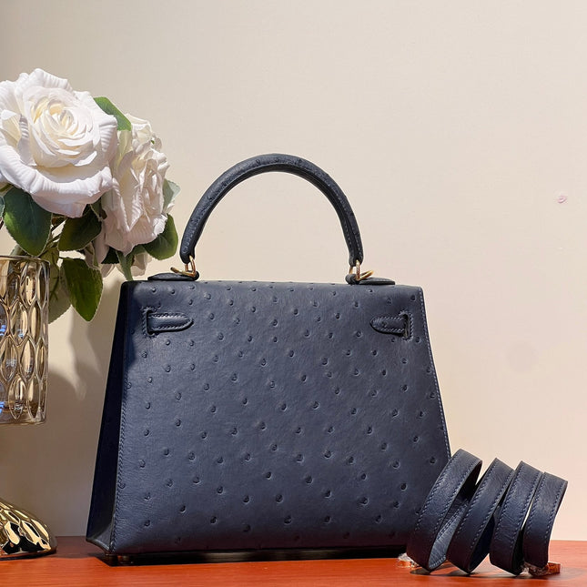 KELLY SELLIER 25 BAG IN PRUSSIAN BLUE OSTRICH LEATHER WITH GOLD HARDWARE