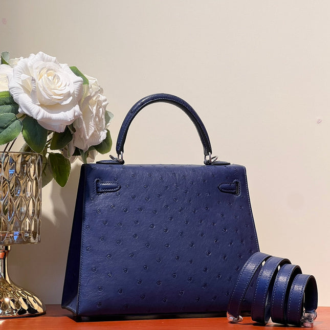 KELLY SELLIER 25 BAG IN NAVY BLUE OSTRICH LEATHER WITH SILVER HARDWARE
