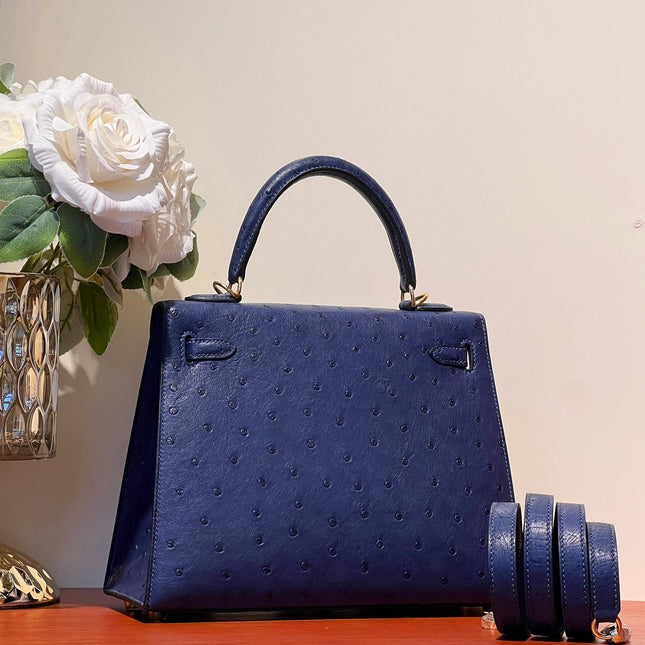 KELLY SELLIER 25 BAG IN NAVY BLUE OSTRICH LEATHER WITH GOLD HARDWARE