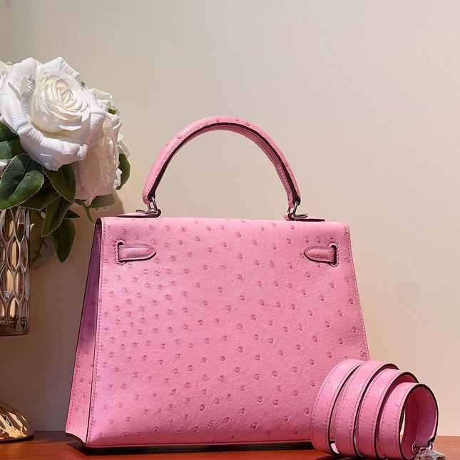 KELLY SELLIER 25 BAG IN DOLL PINK OSTRICH LEATHER WITH SILVER HARDWARE