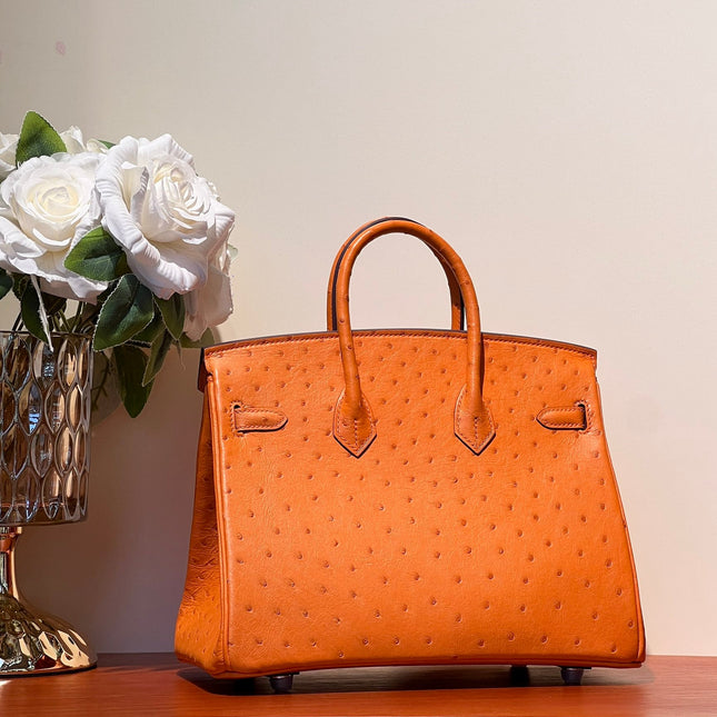 KELLY SELLIER 25 BAG IN FIRE ORANGE OSTRICH LEATHER WITH SILVER HARDWARE