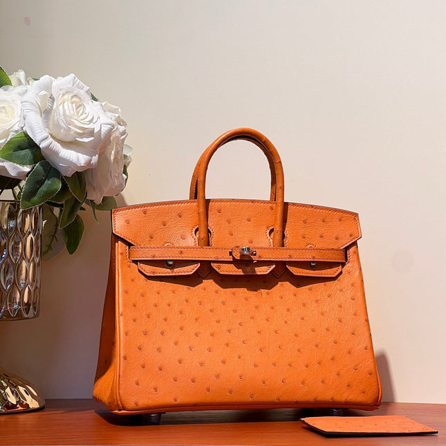 KELLY SELLIER 25 BAG IN FIRE ORANGE OSTRICH LEATHER WITH SILVER HARDWARE
