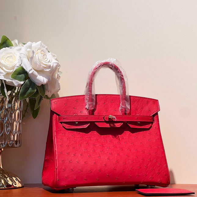 KELLY SELLIER 25 BAG IN CLASSIC RED OSTRICH LEATHER WITH GOLD HARDWARE