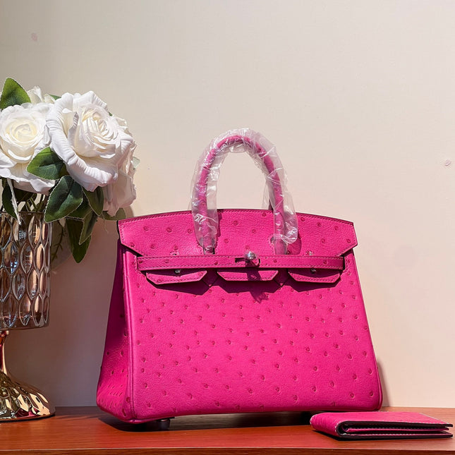 KELLY SELLIER 25 BAG IN BRIGHT PINK OSTRICH LEATHER WITH SILVER HARDWARE