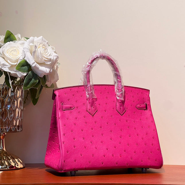 KELLY SELLIER 25 BAG IN BRIGHT PINK OSTRICH LEATHER WITH SILVER HARDWARE