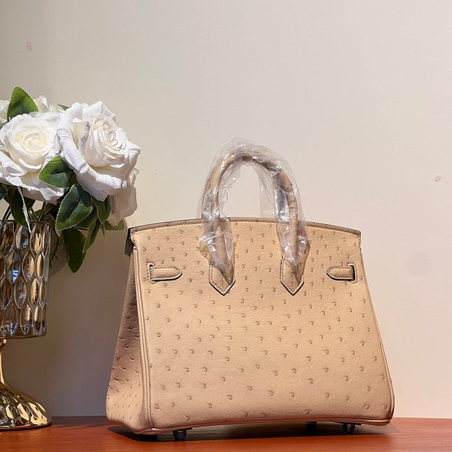 KELLY SELLIER 25 BAG IN CAMEL BEIGE OSTRICH LEATHER WITH SILVER HARDWARE
