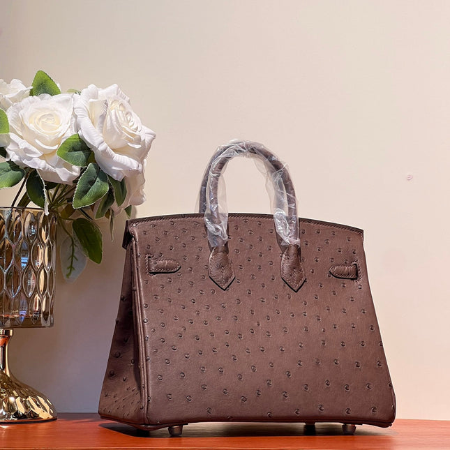 KELLY SELLIER 25 BAG IN PEACAN BROWN OSTRICH LEATHER WITH GOLD RHINSTONES