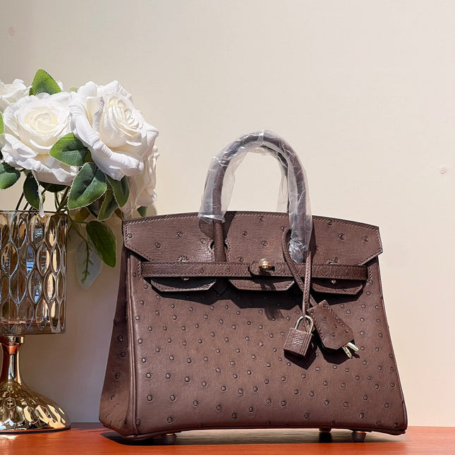 KELLY SELLIER 25 BAG IN PEACAN BROWN OSTRICH LEATHER WITH GOLD RHINSTONES