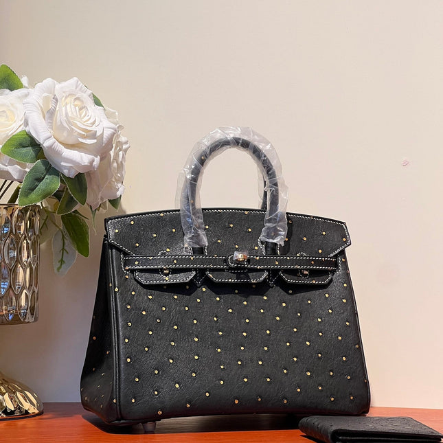 KELLY SELLIER 25 BAG IN BLACK OSTRICH LEATHER WITH GOLD RHINSTONES