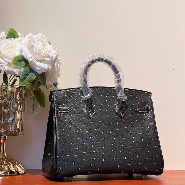 KELLY SELLIER 25 BAG IN BLACK OSTRICH LEATHER WITH GOLD RHINSTONES