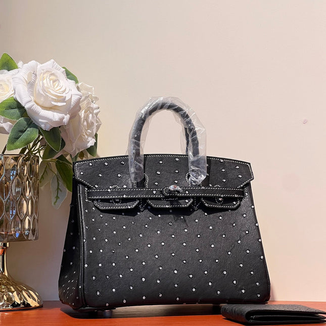 KELLY SELLIER 25 BAG IN BLACK OSTRICH LEATHER WITH WHITE RHINSTONES