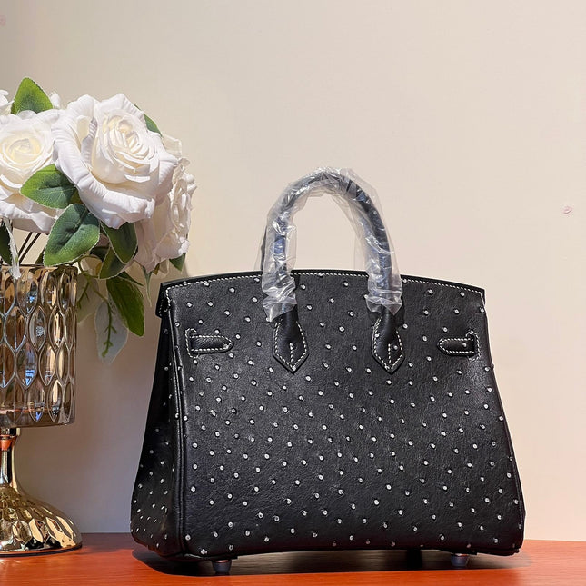 KELLY SELLIER 25 BAG IN BLACK OSTRICH LEATHER WITH WHITE RHINSTONES