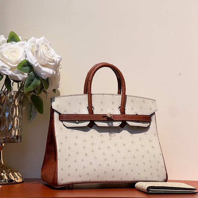 KELLY  SELLIER 25 BAG IN WHITE MIX RED BROWN OSTRICH LEATHER