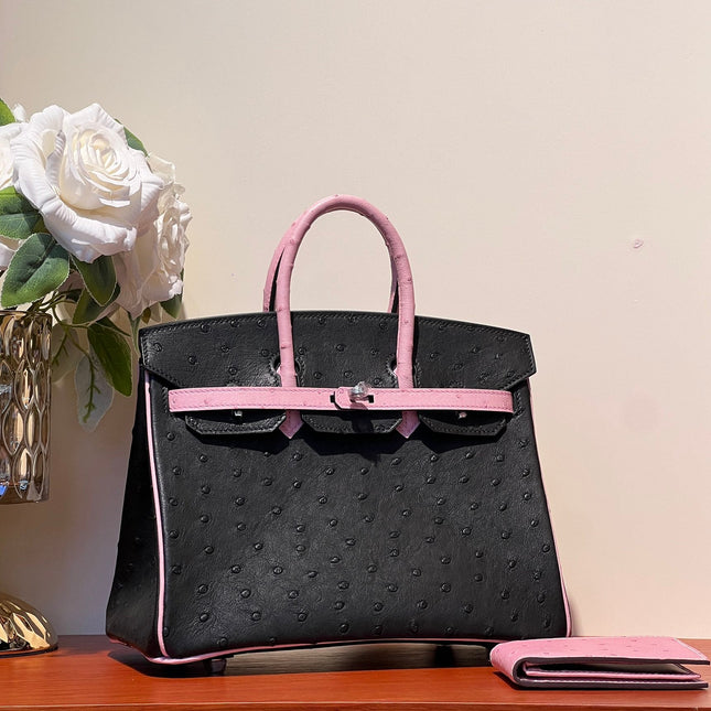 KELLY  SELLIER 25 BAG IN BLACK MIX BABY PINK OSTRICH LEATHER