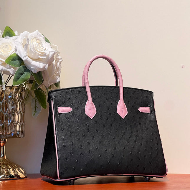 KELLY  SELLIER 25 BAG IN BLACK MIX BABY PINK OSTRICH LEATHER