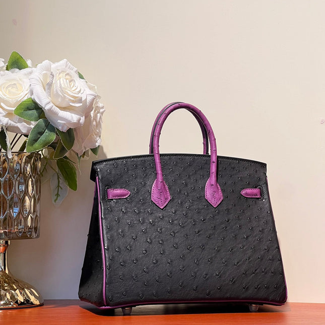 KELLY  SELLIER 25 BAG IN BLACK MIX ORCHID PURPLE OSTRICH LEATHER