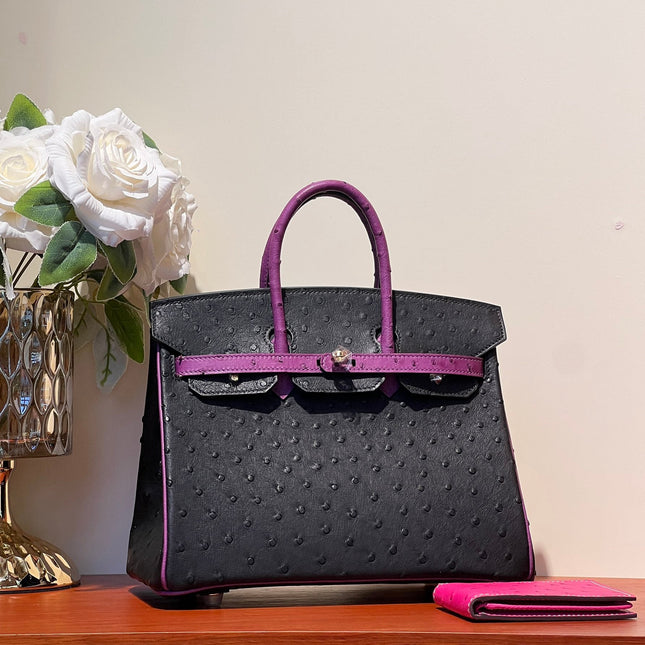 KELLY  SELLIER 25 BAG IN BLACK MIX ORCHID PURPLE OSTRICH LEATHER