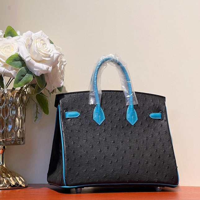 KELLY  SELLIER 25 BAG IN BLACK MIX OCEAN BLUE OSTRICH LEATHER