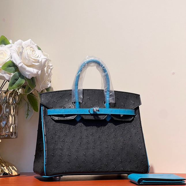 KELLY  SELLIER 25 BAG IN BLACK MIX OCEAN BLUE OSTRICH LEATHER
