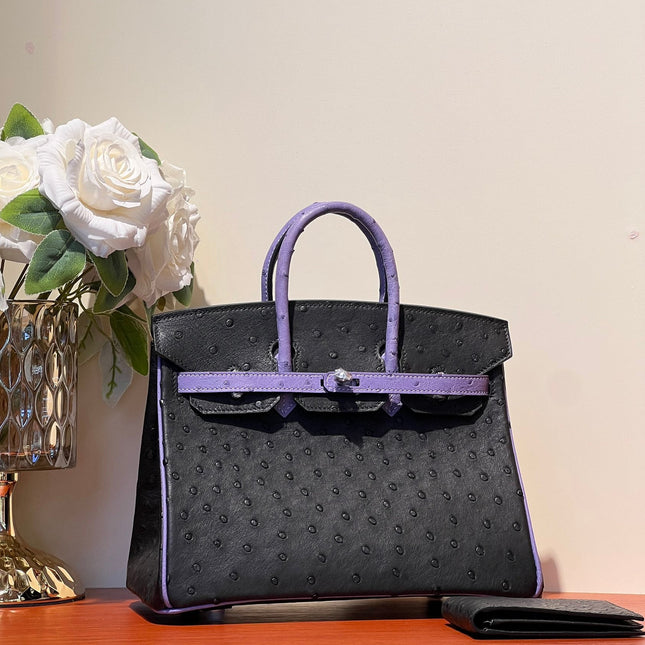 KELLY  SELLIER 25 BAG IN BLACK MIX AMETHYST PURPLE OSTRICH LEATHER