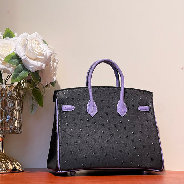 KELLY  SELLIER 25 BAG IN BLACK MIX AMETHYST PURPLE OSTRICH LEATHER