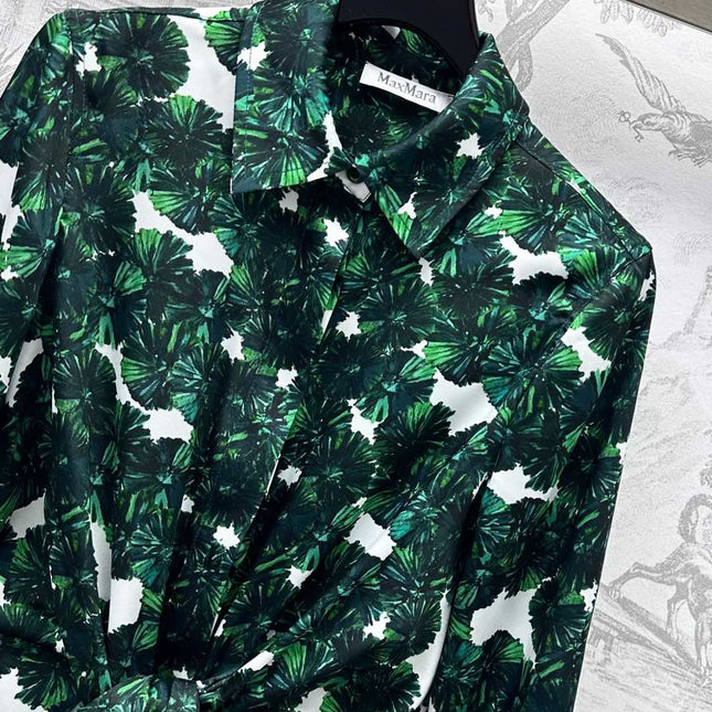 MAX MARA LONG-SLEEVE SHIRT DRESS WITH LEAF PRINT IN GREEN 267787