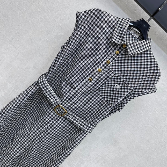 CELINE 26S GINGHAM BELTED MIDI DRESS 358