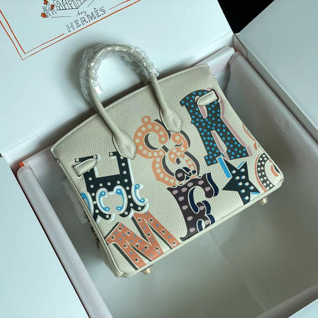BIRKIN 25 BAG IN WHITE CREAM CALFSKIN WITH COLORFUL STICKER